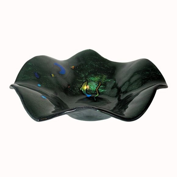 Handcrafted Studio Art Glass Green Iridescent Bowl With Dolphin Accents Signed - Picture 3 of 7